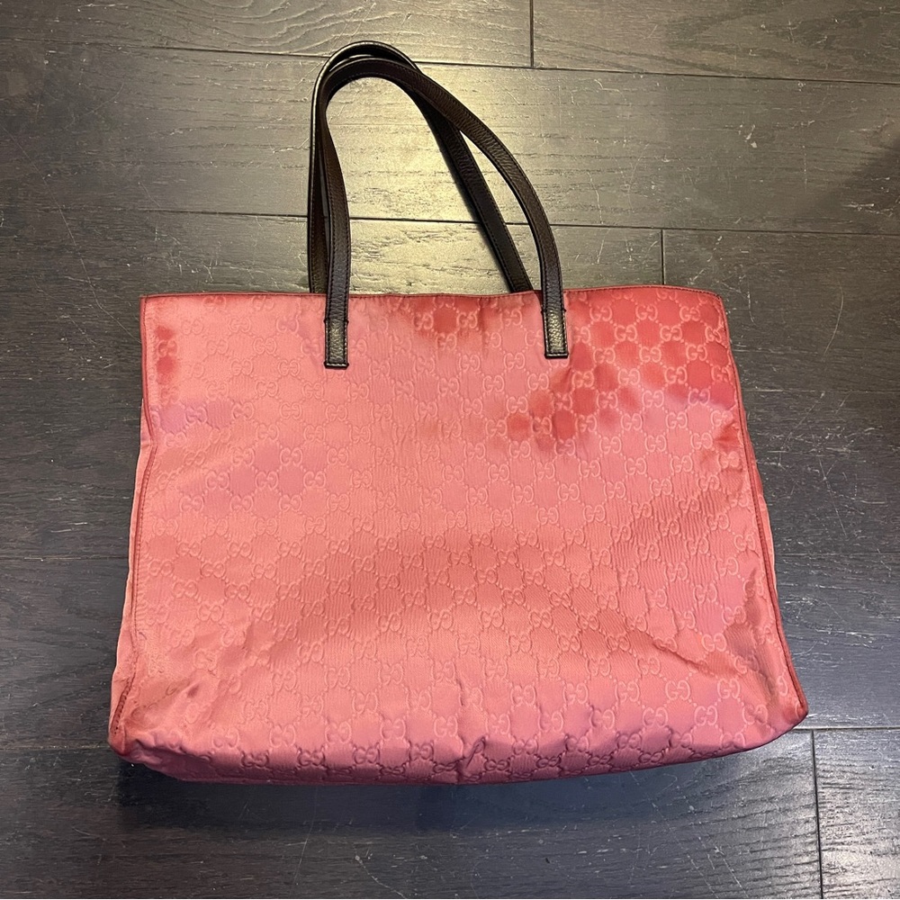 Authentic Gucci Pink/Brown GG Nylon Leather Princy Tote women handbag